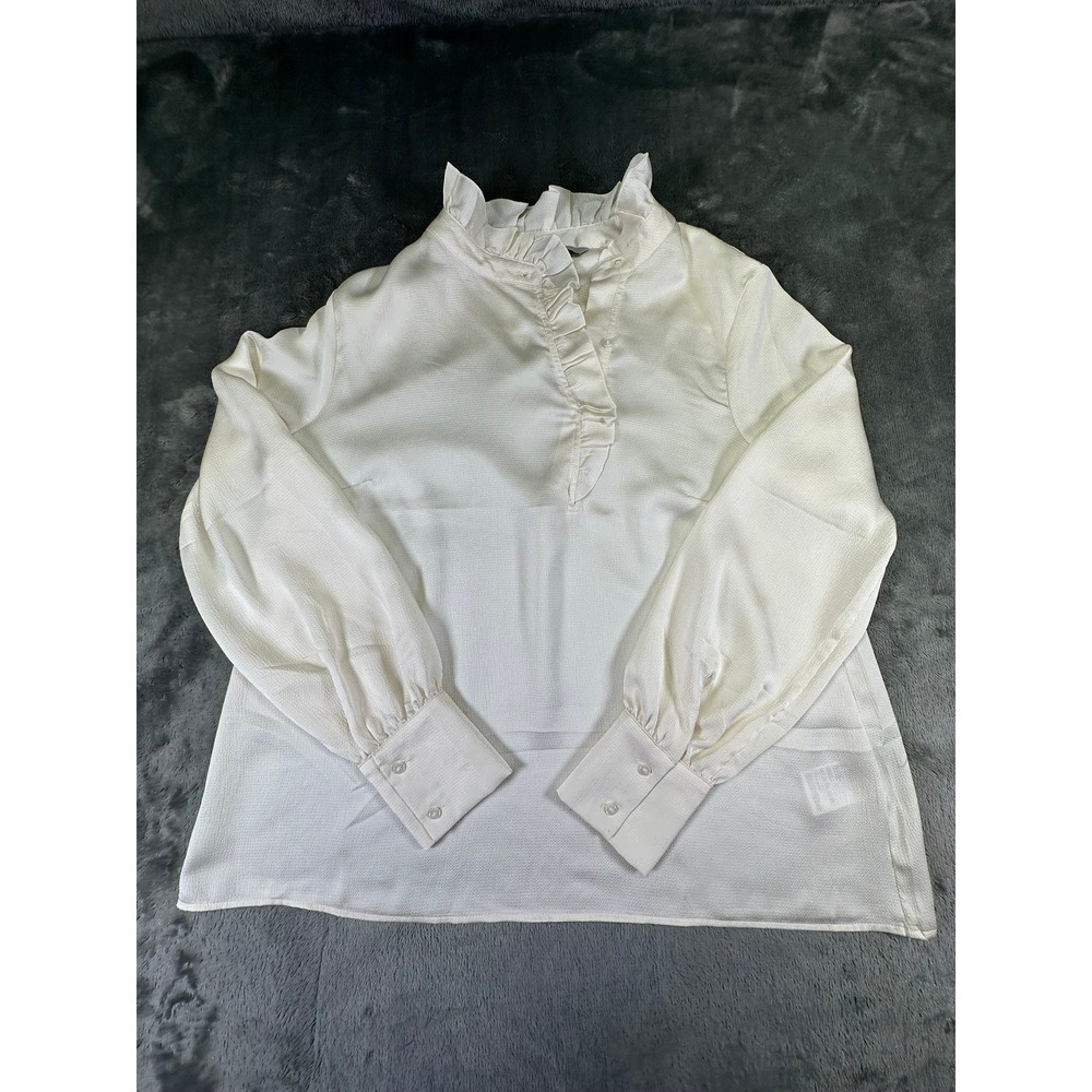 H&M Cream Ruffle Neck Satin Blouse Long Sleeve Textured Top Women's Medium A05